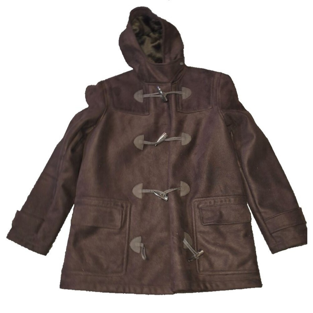 Chaps Jacket Hood Brown Faux Suede Toggle Buttons Pockets Faux Fur Lined Size M